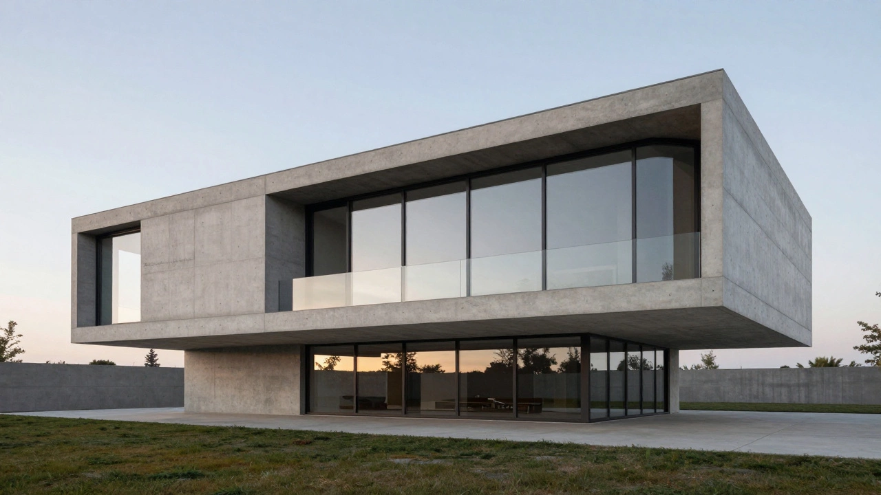 Монолитный бетонный дом с изогнутыми стенами и большими окнами при сумерках.
