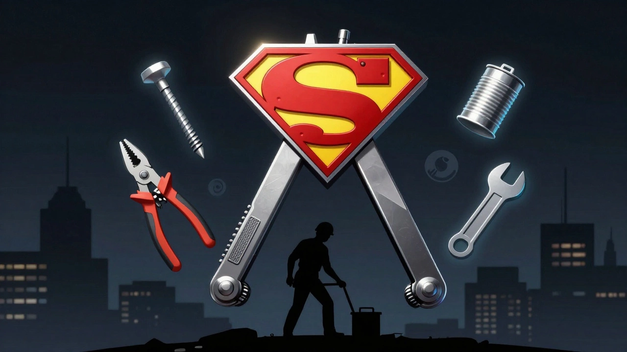 Мультитул как символ универсальности над силуэтом строителя.