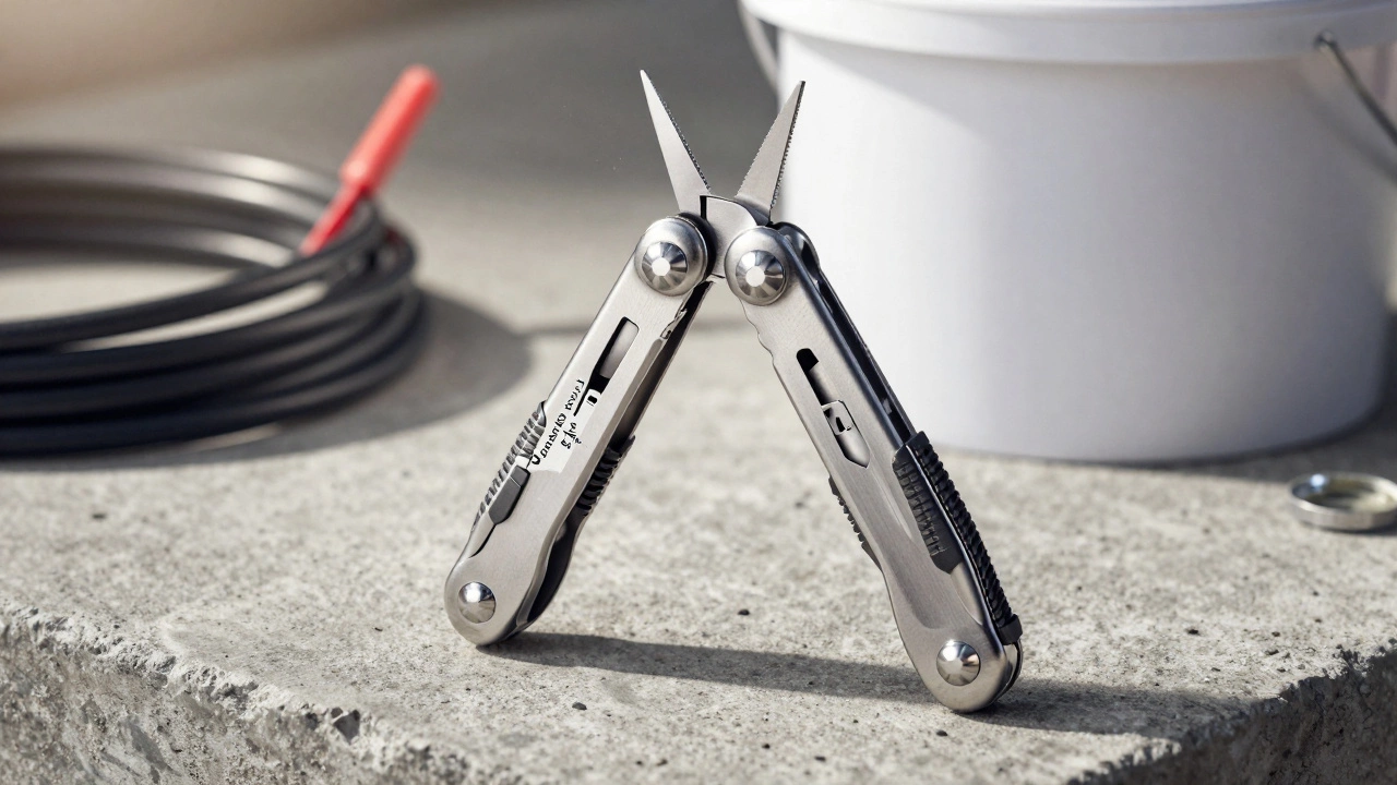 Мультитул Victorinox на бетоне рядом с проводом и банкой краски.