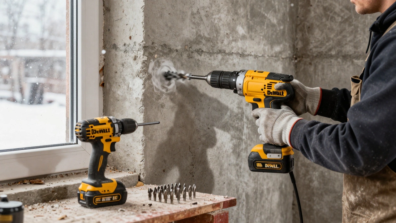 Рабочий сверлит бетонную стену перфоратором DeWalt в строительной зоне, снег за окном.