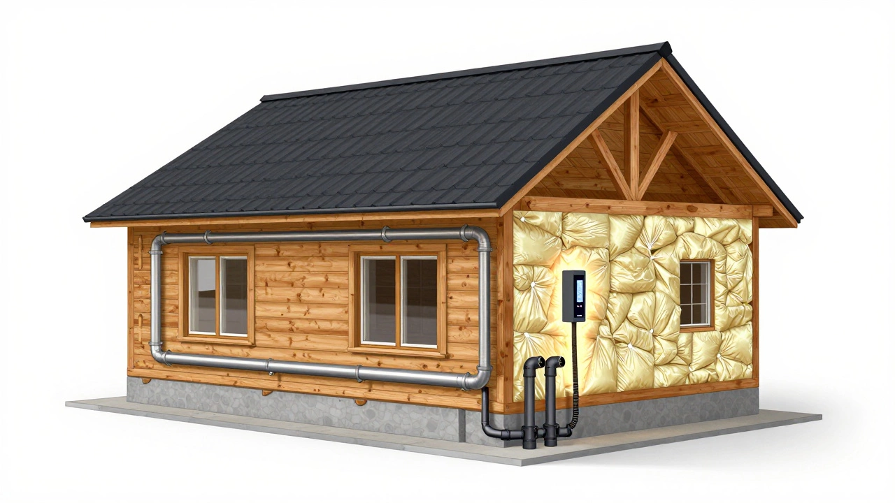 Разрез дома, показывающий скрытые инженерные системы: утепление, трубы, электропроводку и газовые соединения.