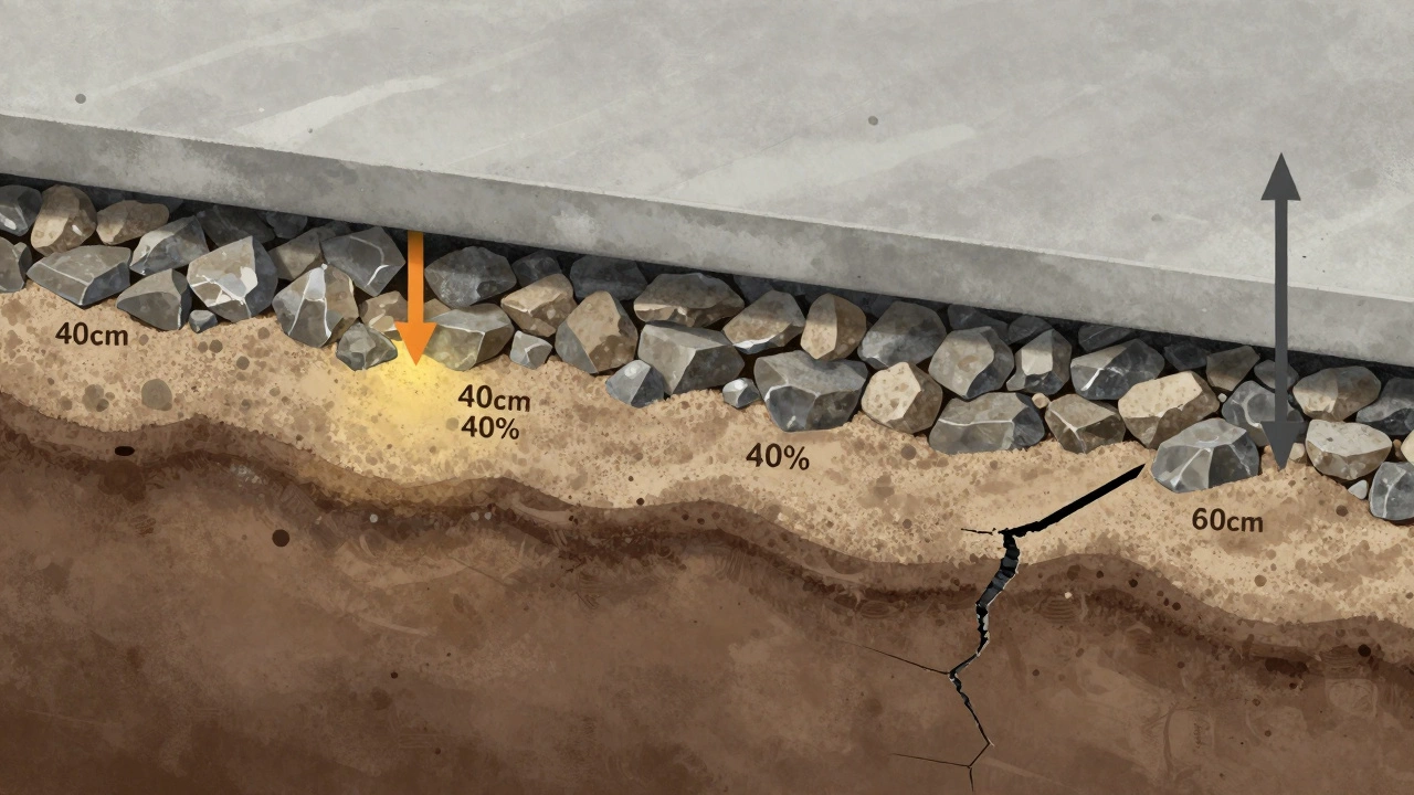 Разрез фундамента с правильной подушкой из щебня и песка, противостоящей пучению.