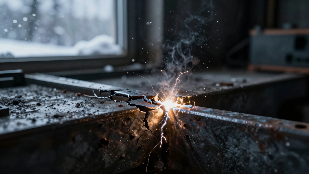 Разрушающийся шов на фоне снежного окна, рядом — идеальный шов с золотистым свечением.