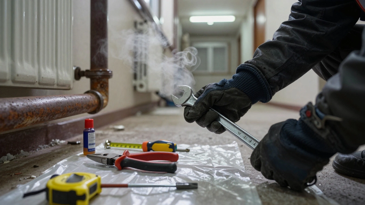 Руки в перчатках закручивают ключ на трубе в холодном коридоре, рядом лежат инструменты и смазка.