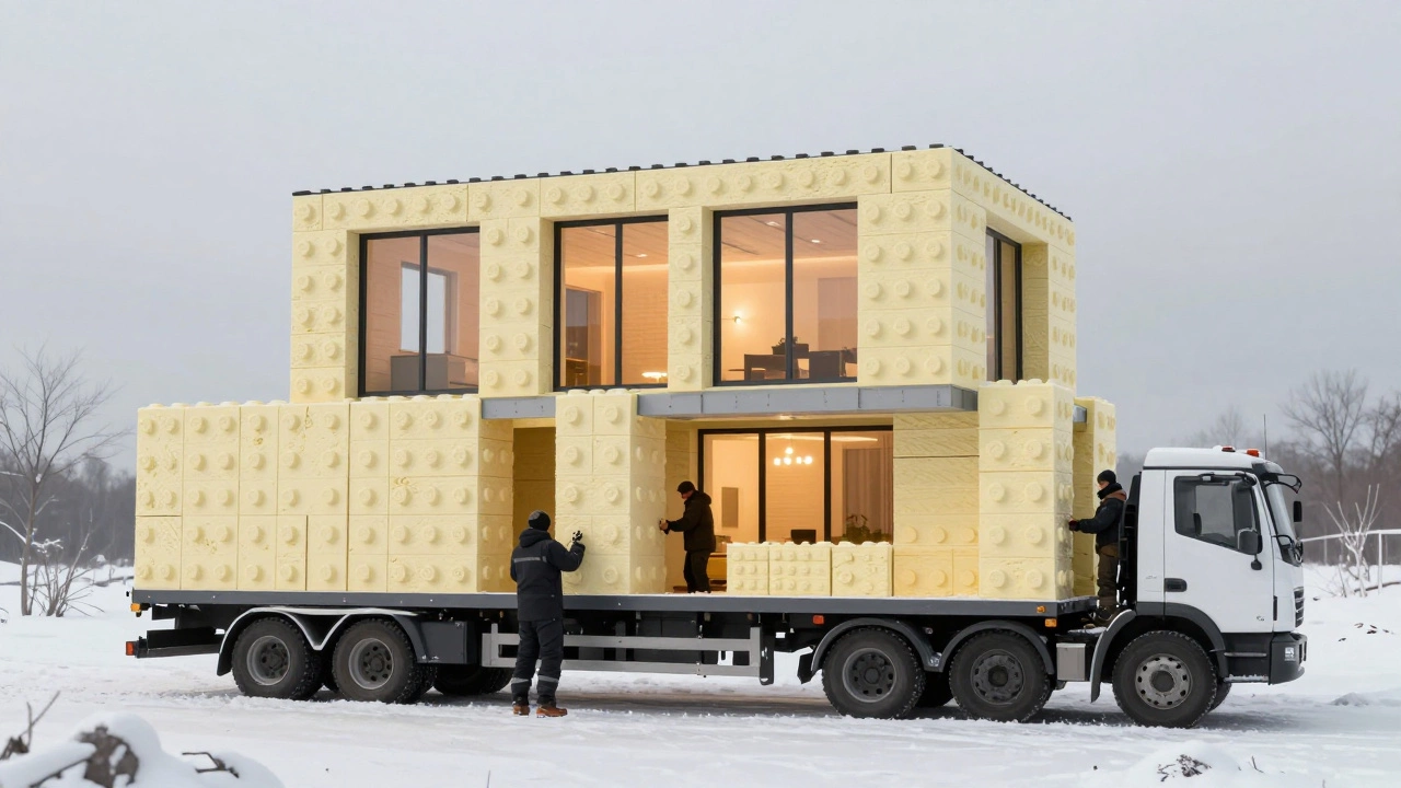 Сборка дома из SIP-панелей как конструктора на снежном участке зимой.