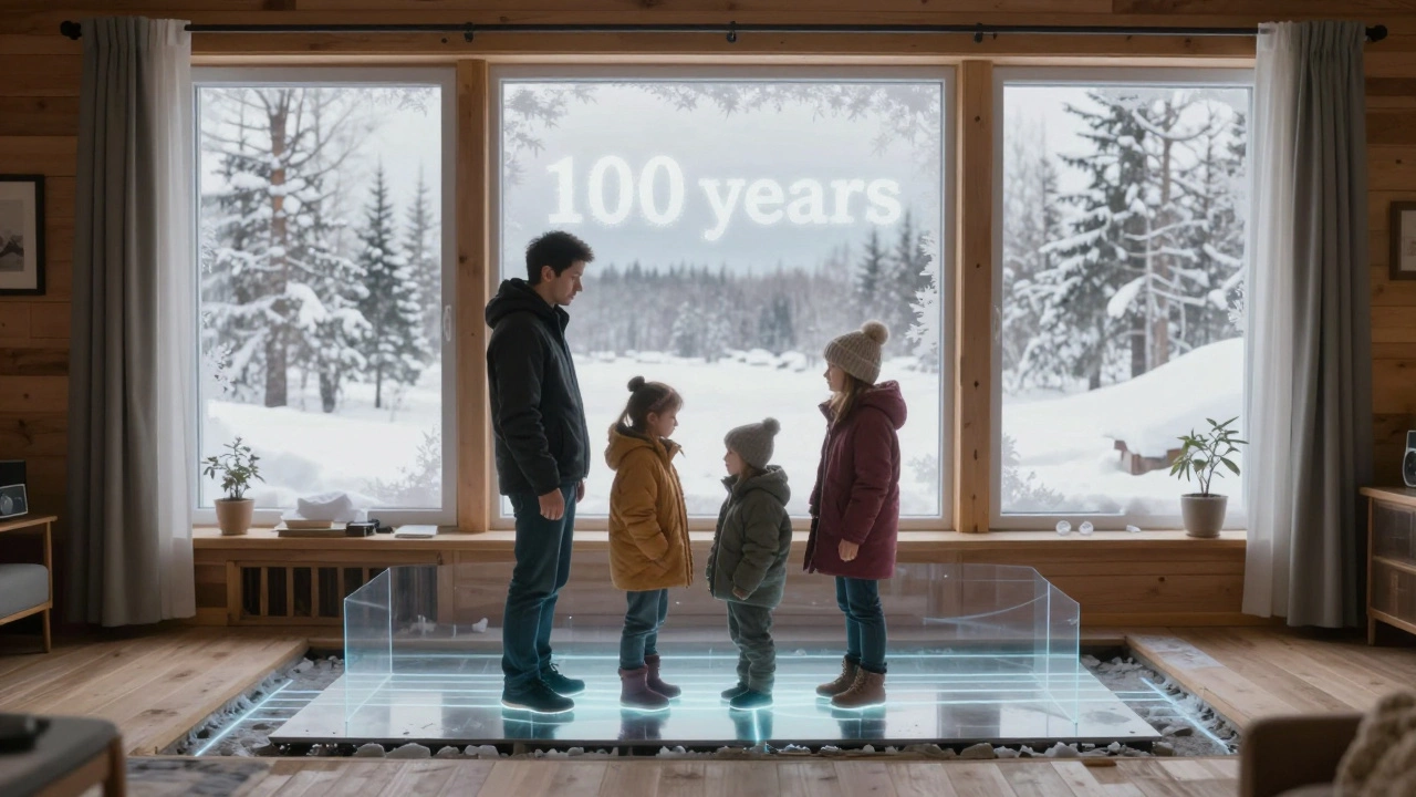 Семья в уютном доме в Сибири, под полом — невидимая монолитная плита, символизирующая долговечность и безопасность.