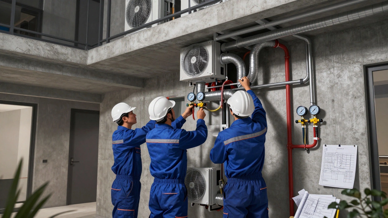 Специалисты устанавливают систему вентиляции и трубопроводов в квартире, проверяют давление и соединения.