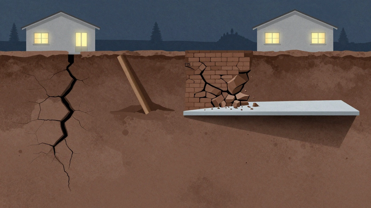 Сравнение поперечных сечений фундаментов: треснувшая лента, перекошенные сваи, разрушающиеся блоки и целая плита в мерзлой земле.
