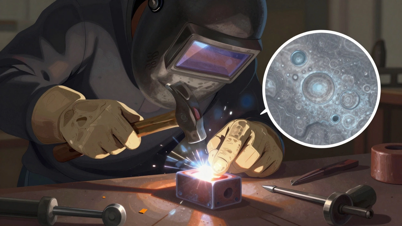 Сварщик проверяет шов молотком и пальцем, на столе лежат инструменты.