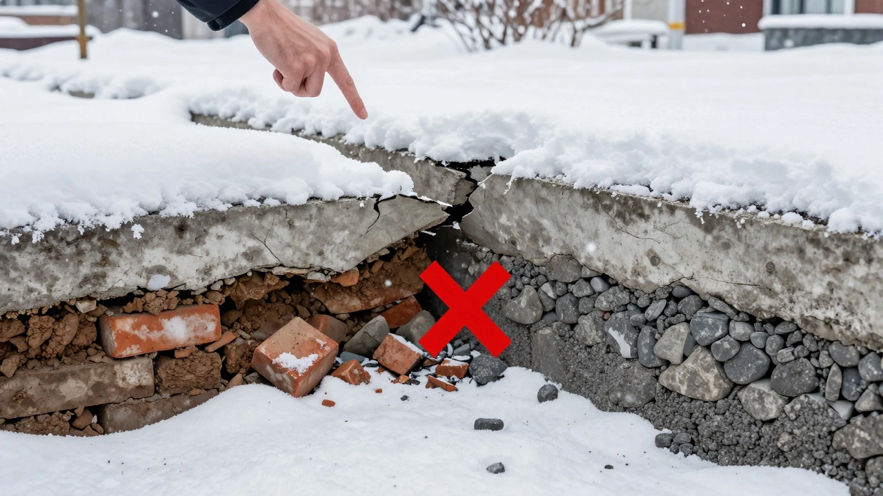 Трещины в фундаменте из-за глины и битого кирпича под бетоном.