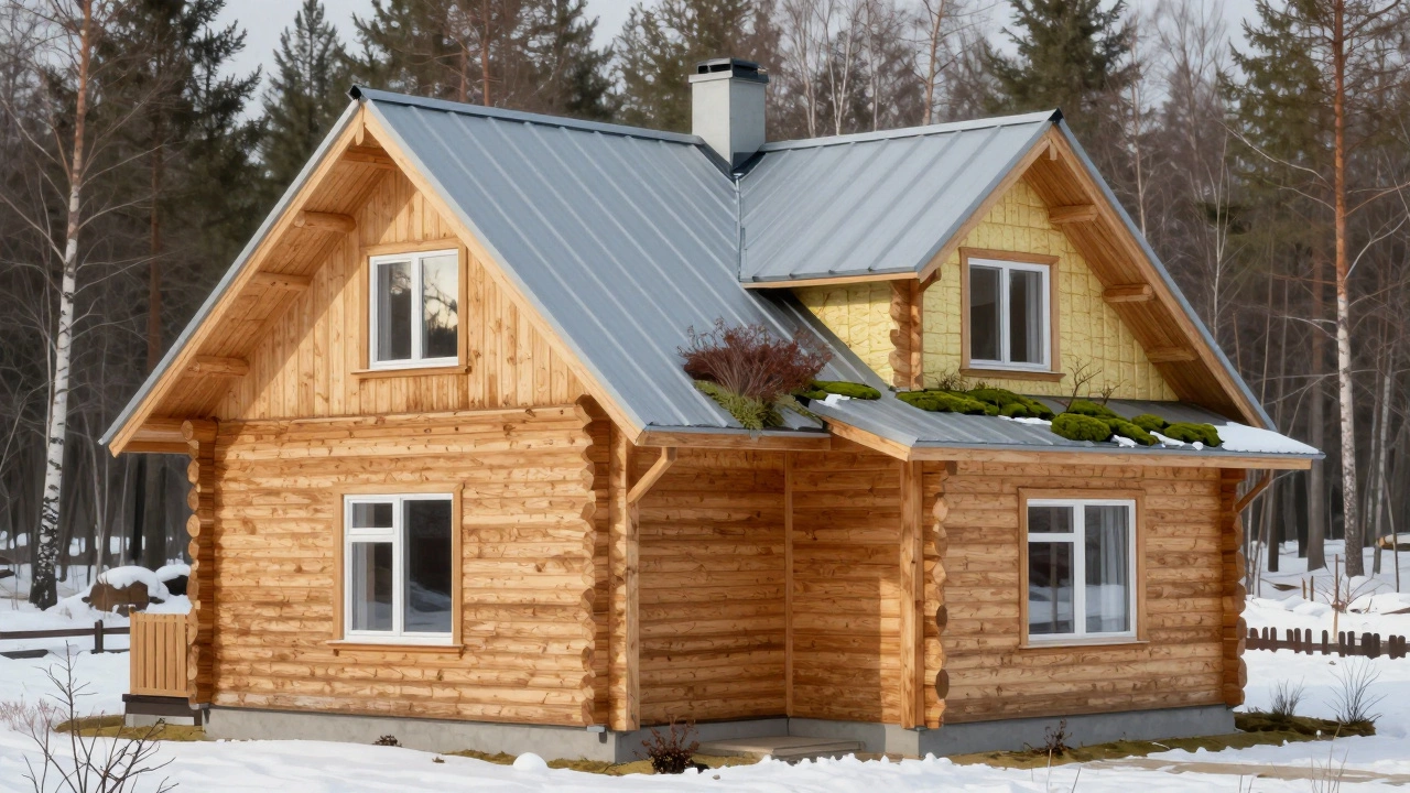 Дом из клеёного бруса с зелёной крышей и металлочерепицей на фоне сибирского леса.