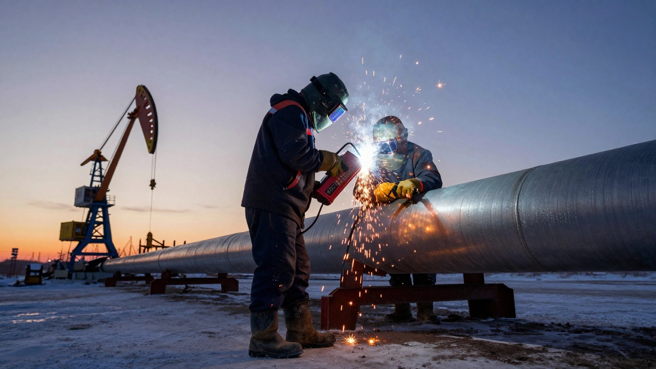 Два сварщика на стройке трубопровода в Сибири, искры летят в сумерках, один подогревает металл, другой варит.