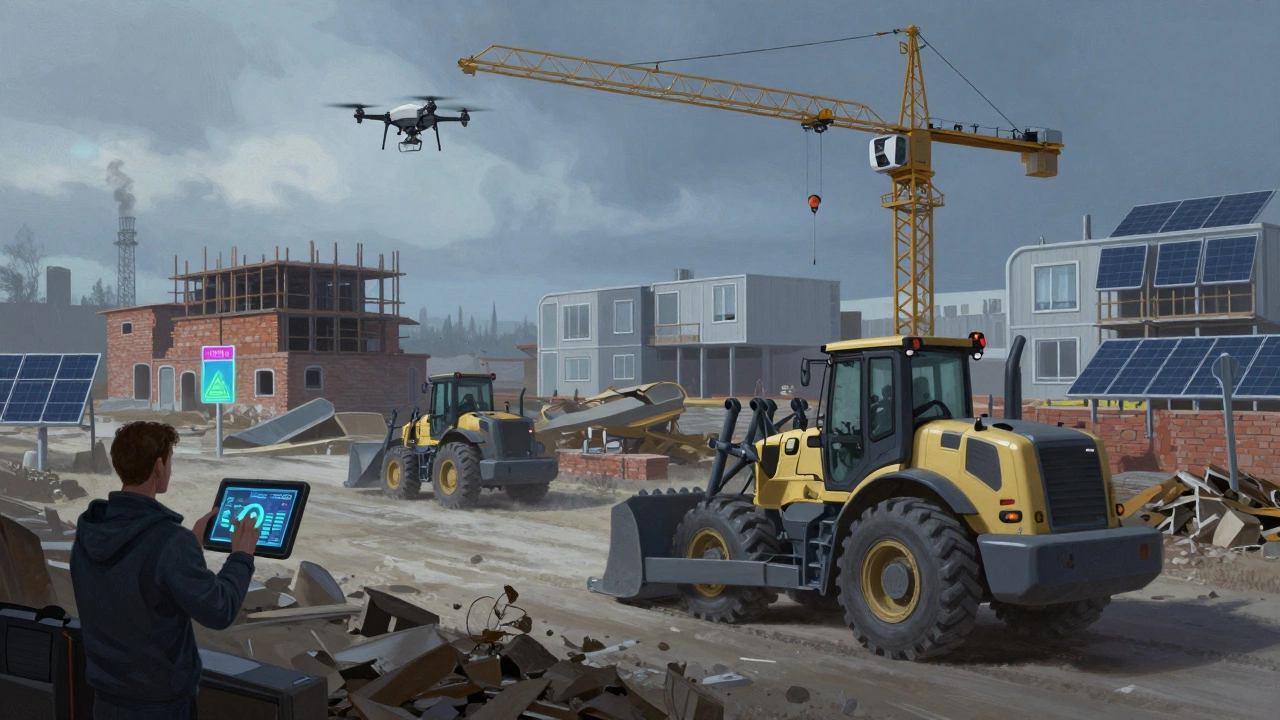 Футуристическая стройка 2026 года с электрической техникой и операторами, управляющими машинами с планшетов.