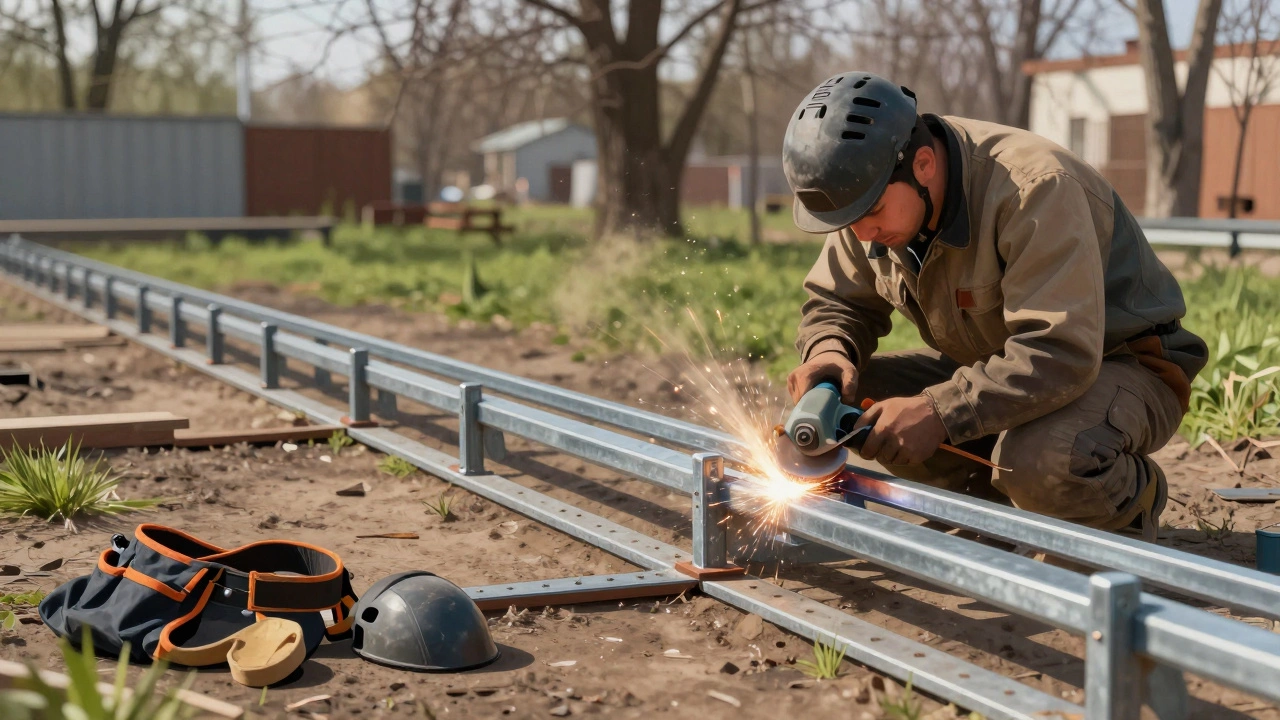 Мастер шлифует сварной шов на металлическом заборе весной, на фоне зелени и деревьев.