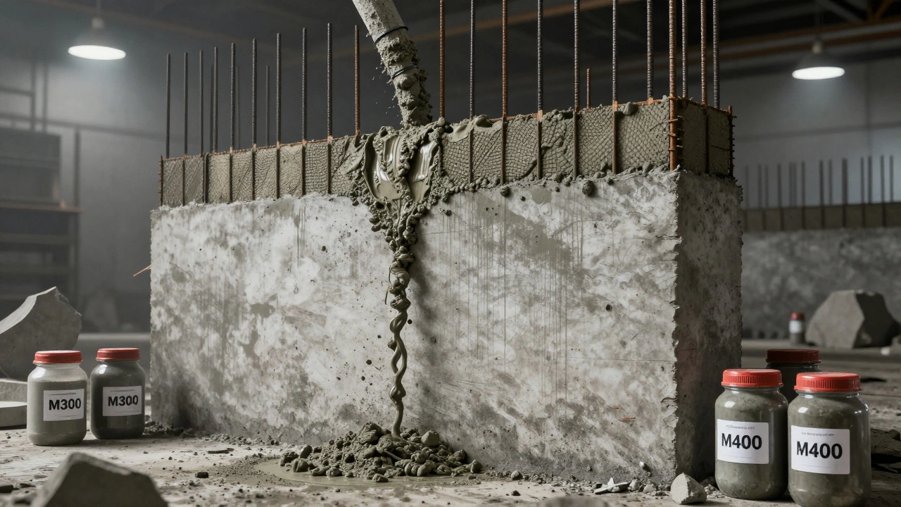 Поперечный разрез монолитной стены, залитой цементом М500, с маркированными образцами других марок рядом.