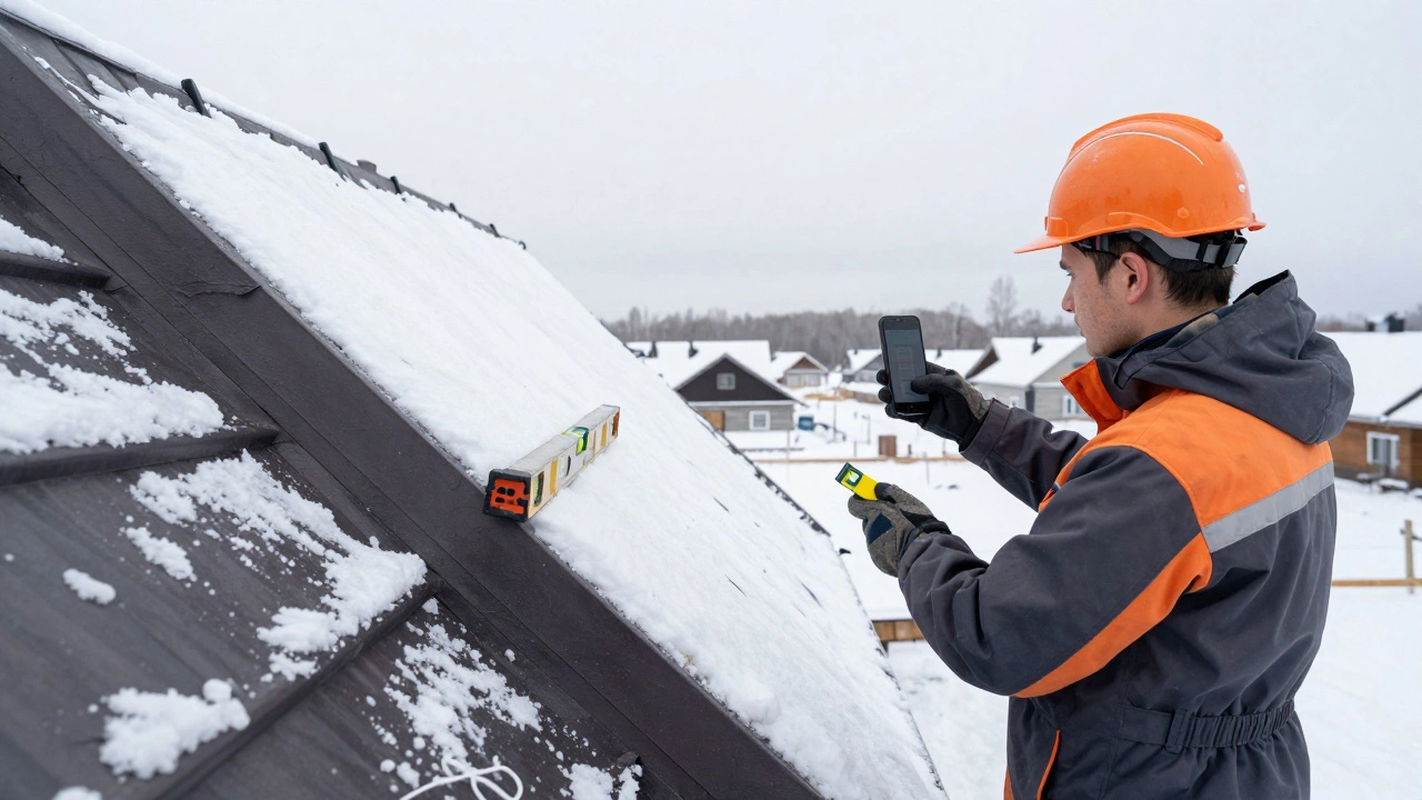 Рабочий измеряет угол крыши с помощью приложения на телефоне, стоя на земле.