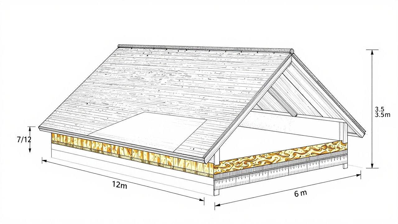 Разрез дома с указанием геометрии крыши уклона 7/12 и высоты конька 3,5 м.