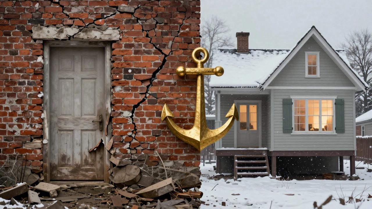 Сравнение: разрушенный дом на пучинистом грунте слева и целый дом на сваях справа, с тёплым светом в окнах и мягким снегопадом.