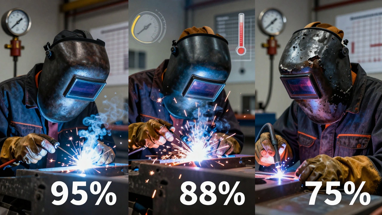 Сравнение трёх методов сварки с визуальным отображением прочности шва: ТИГ, МИГ и дуговая.