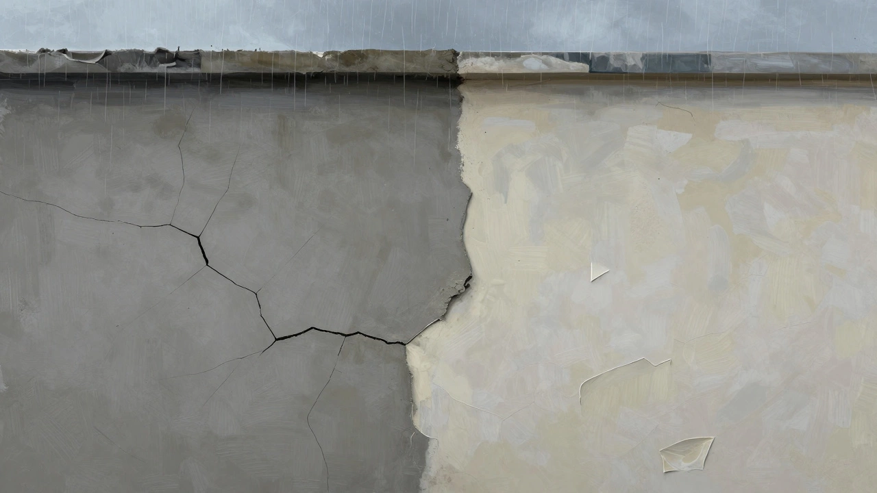 Сравнение трещин в штукатурке: жесткий раствор М500 трескается, а эластичный М300 с известью остается целым.