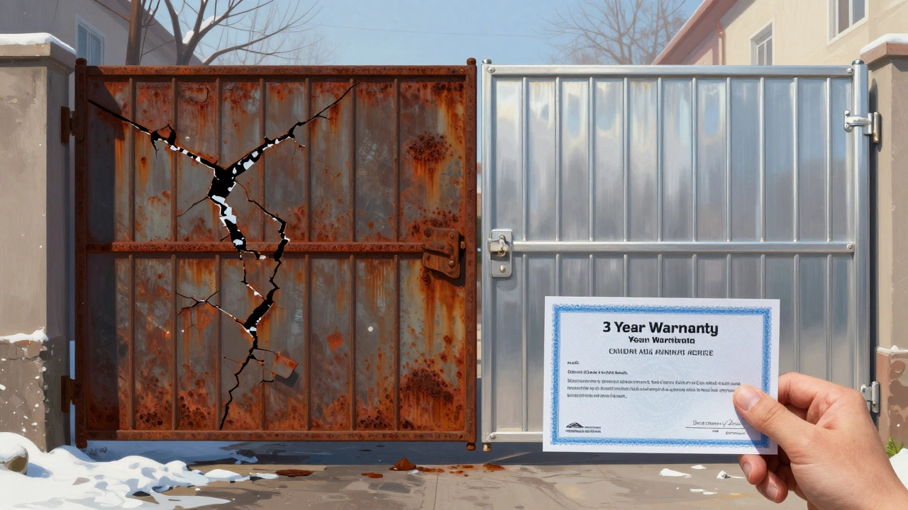 Сравнение: треснувший ржавый забор слева и прочный, покрашенный забор справа под солнцем.