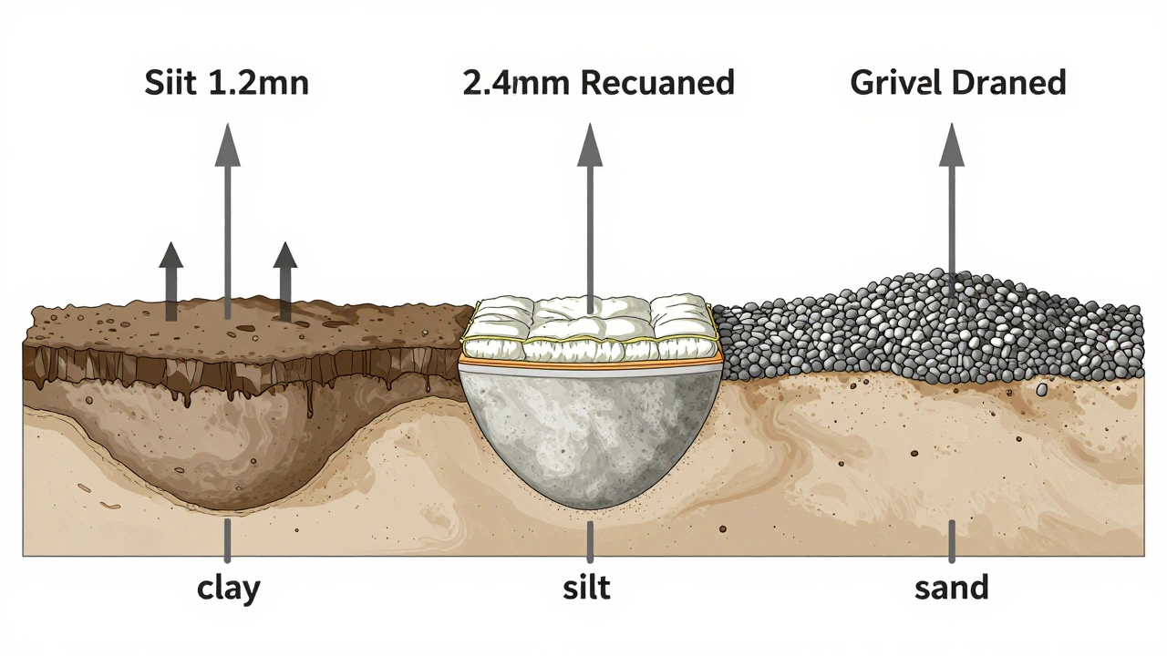 Сравнительная схема типов фундаментов в сибирском грунте с указанием глубины и слоев.