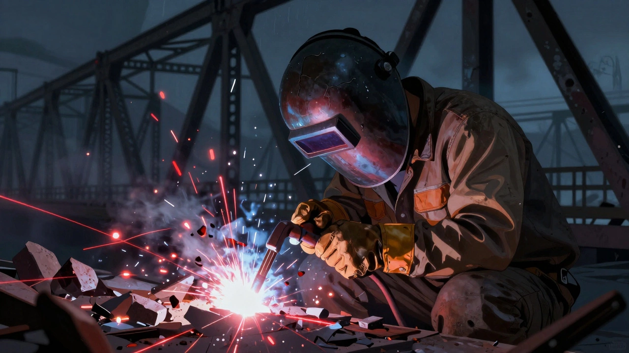 Уставший сварщик после 14-часовой смены, вокруг — расплавленные осколки металла и треснувшие конструкции.