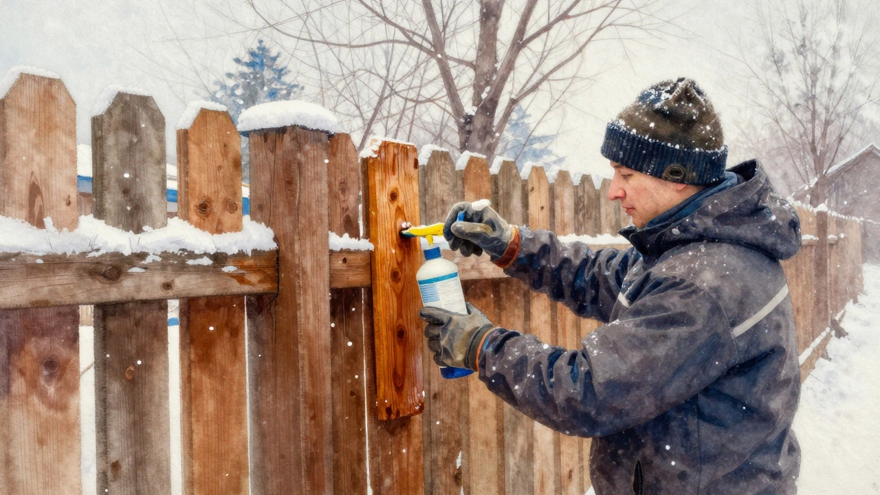 Владелец наносит антисептик на деревянный забор в холодную погоду.