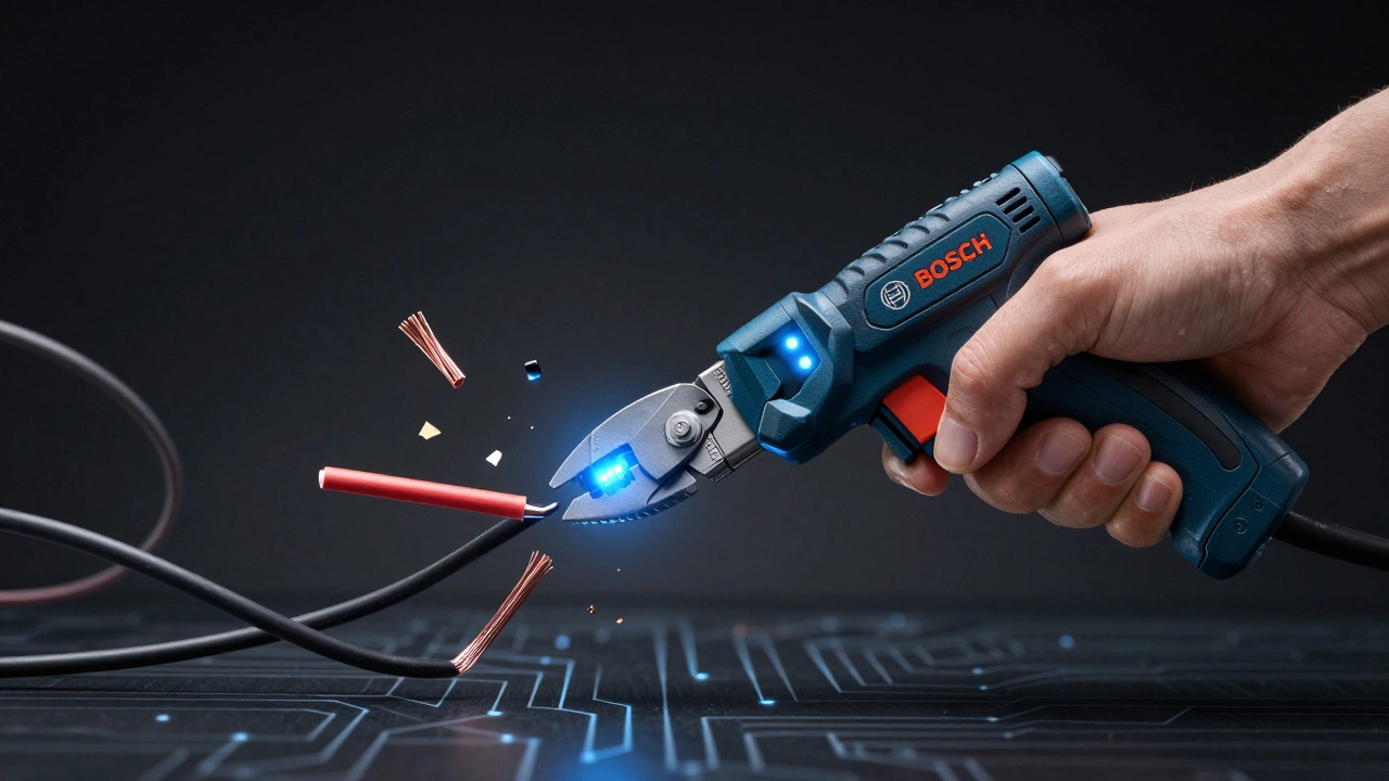 Аккумуляторные кусачки в действии, разрезая кабель в воздухе с легкими искрами.