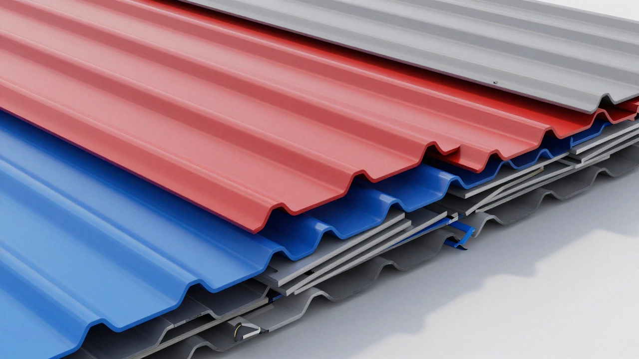 Яркие стопки листов металлической черепицы на строительной площадке