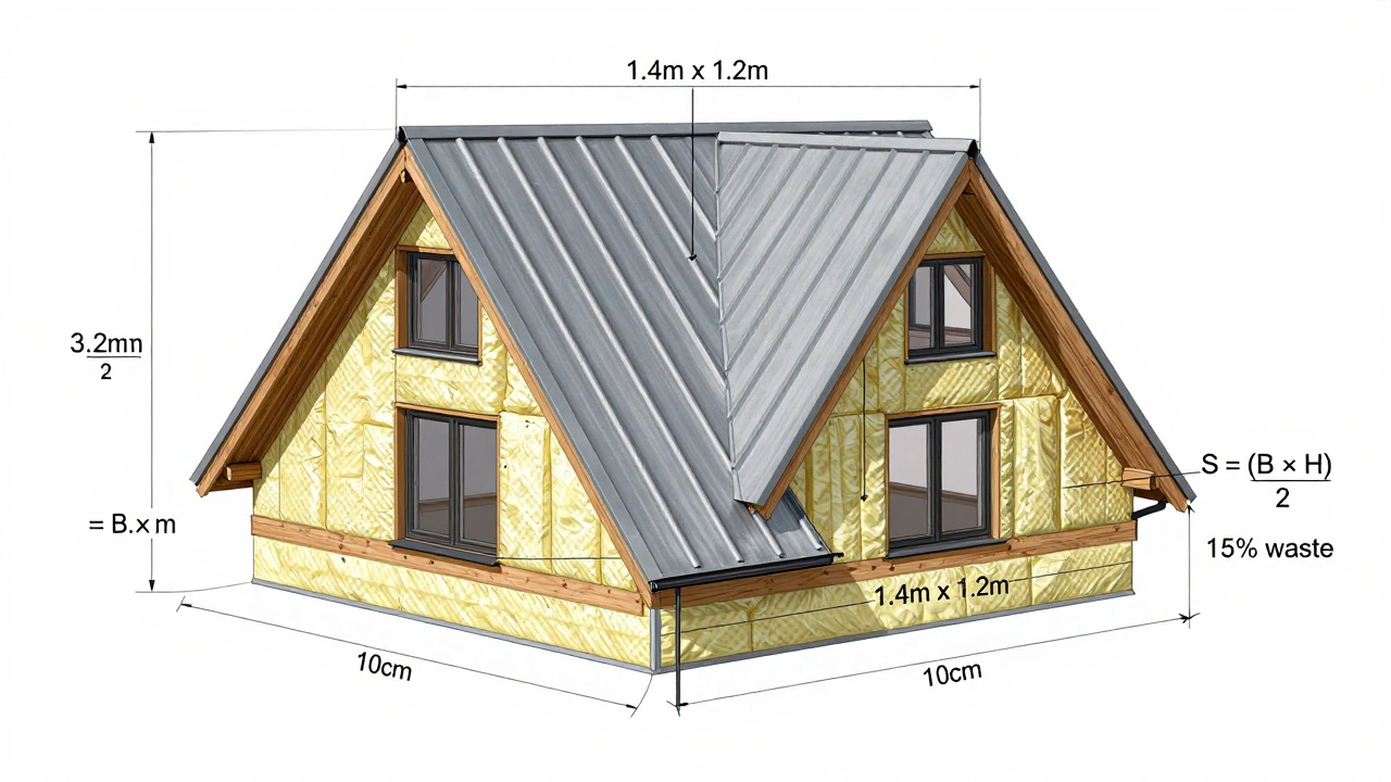 Чертеж двускатной крыши с размерами фронтона, окном и формулой расчета площади.