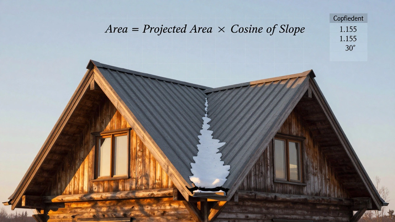 Двускатная крыша с подписаными элементами, над ней — формула расчета площади и таблица коэффициентов, зимнее небо на фоне.