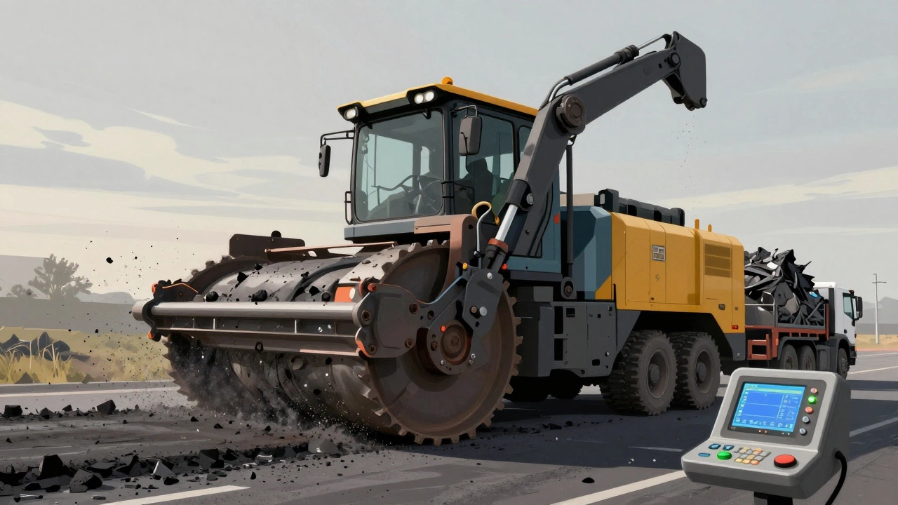 Фреза снимает старое дорожное покрытие, а грузовик забирает перерабатываемый асфальт.