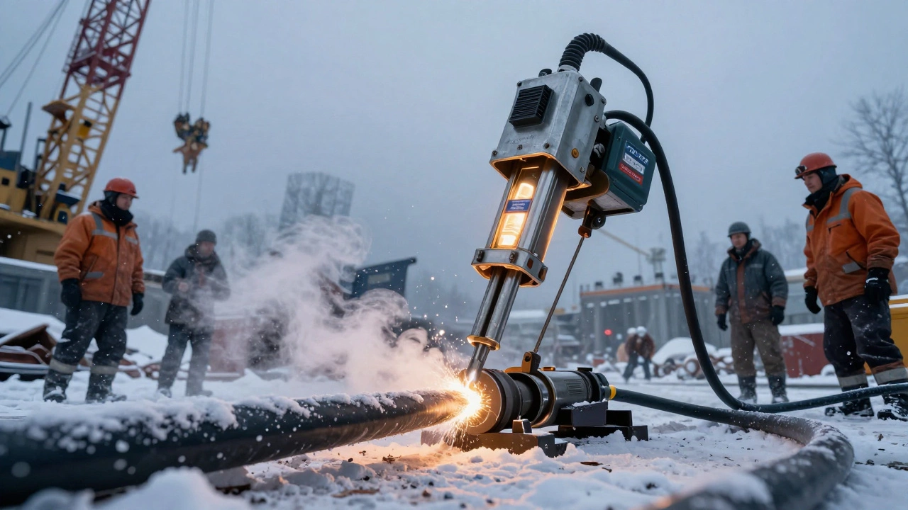 Гидравлический перекусчик разрезает бронированный кабель на стройке в холодную погоду.