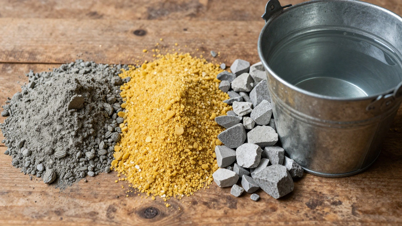 Ингредиенты бетона: цемент, песок, щебень и вода.