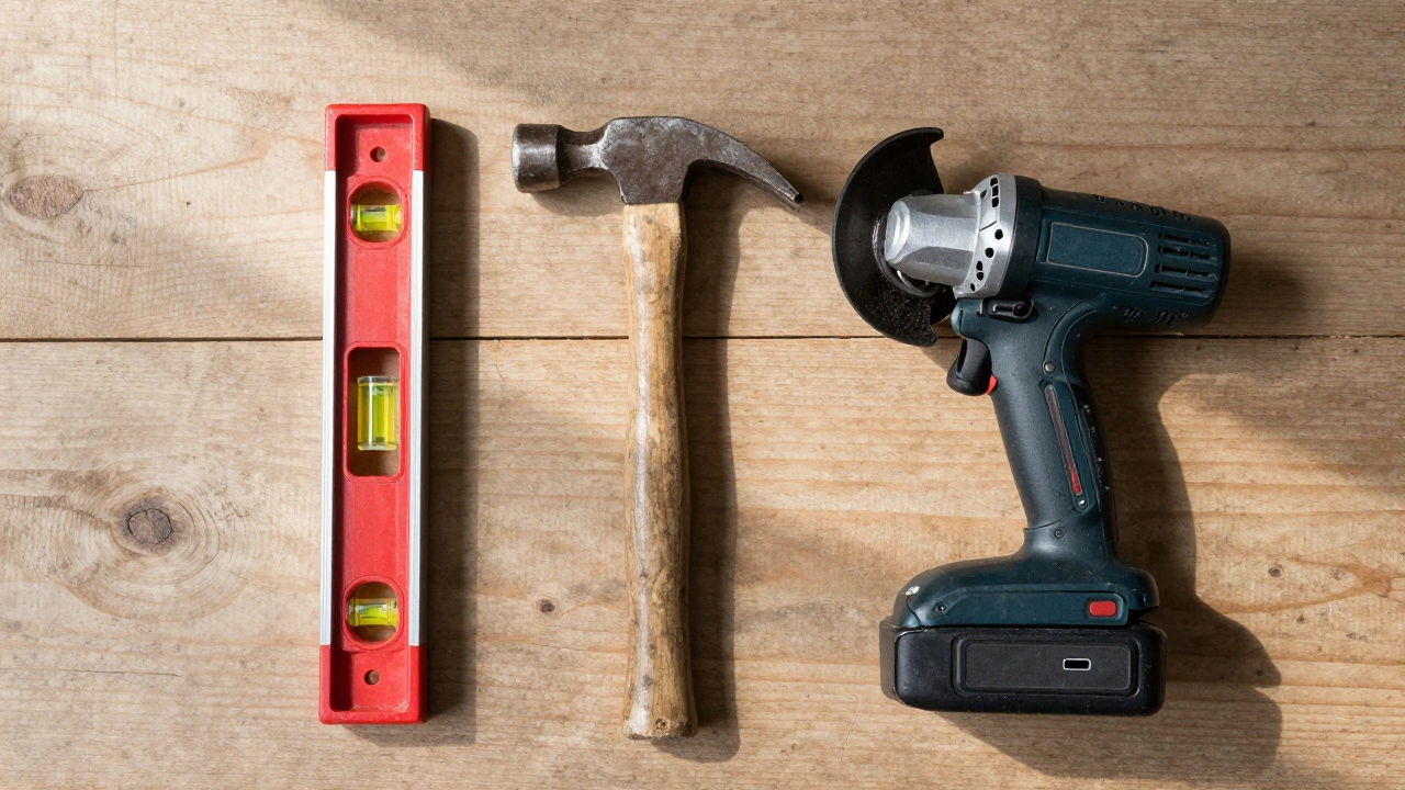 Инструменты на верстаке: уровень, молоток и болгарка