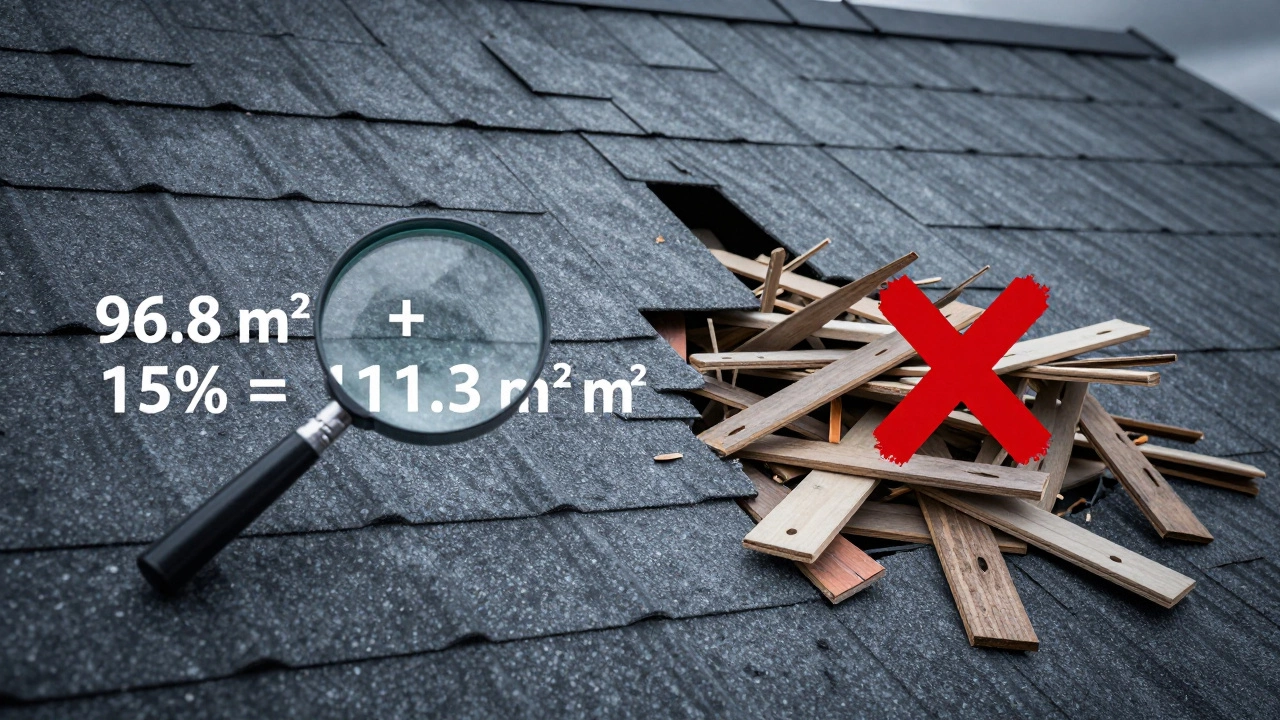Крыша частично покрыта черепицей: одна сторона — точный расчет, другая — избыток материалов и пробелы, увеличительное стекло над правильным значением.