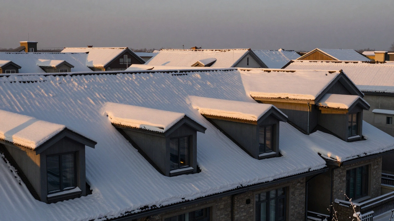 Крыша частного дома под толстым слоем снега в сибирскую зиму