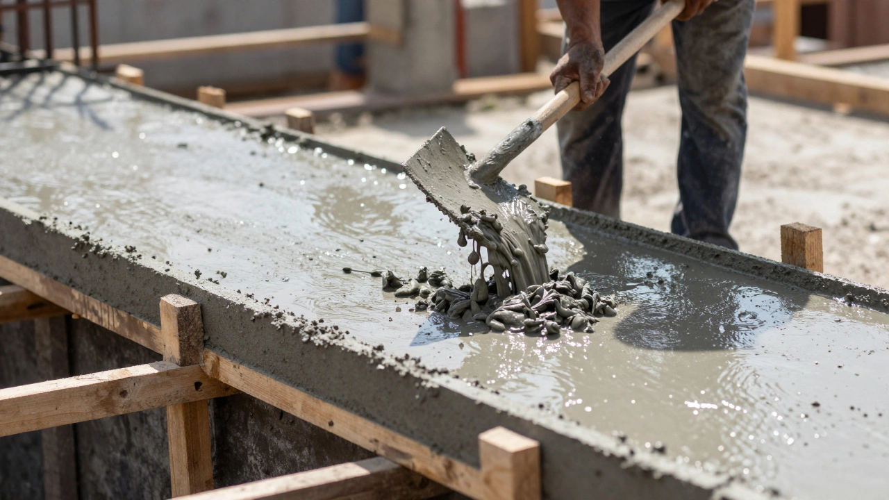 Процесс заливки бетонной смеси в деревянную опалубку.