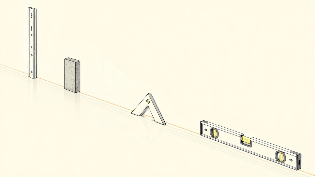 Прозрачные контуры инструментов — маяки, уголок, шлифовальный брусок — над идеально ровной стеной.