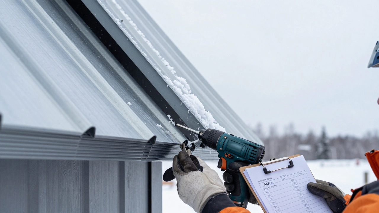 Рабочий крепит металлочерепицу на вертикальный фронтон с запасом материала на ветру.