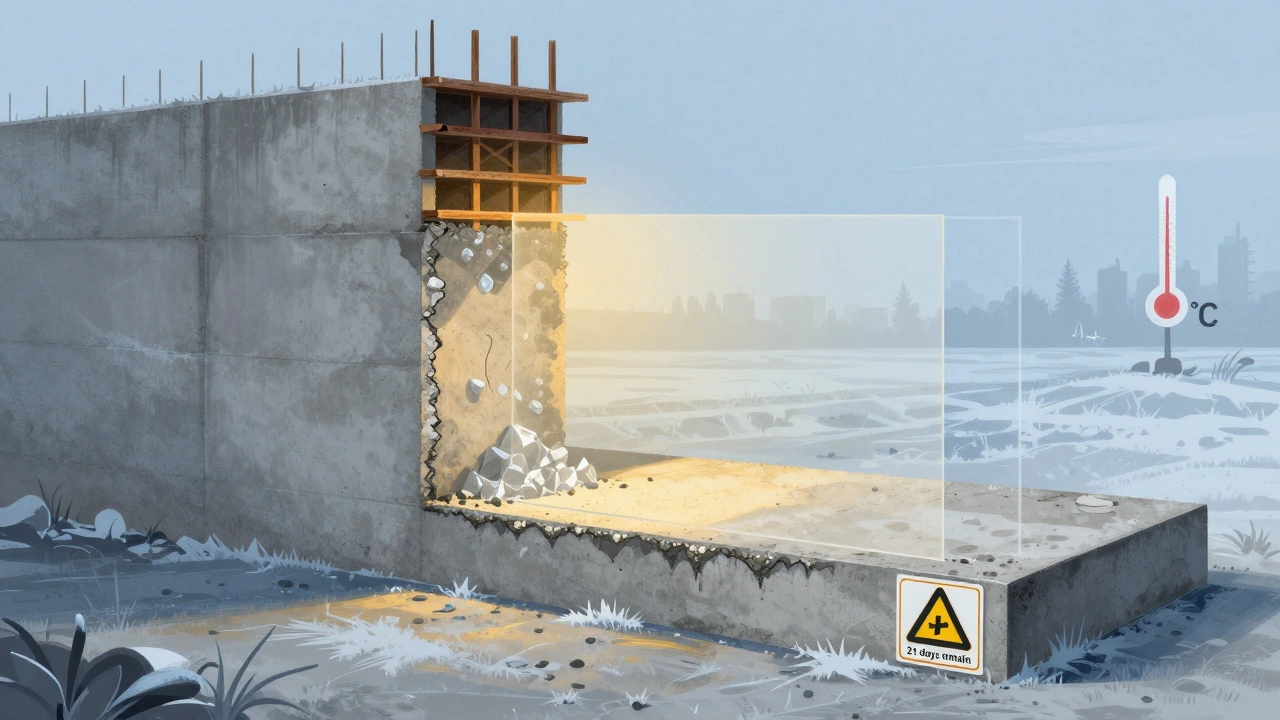 Разрез бетонной стены и перекрытия: опалубка снята со стены, но ещё на перекрытии при +5°C.