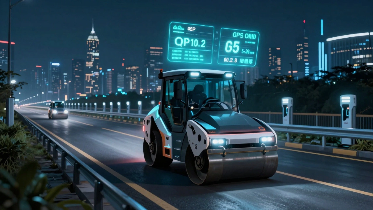 Роботизированный электрический каток движется по умной дороге ночью с цифровыми данными в воздухе.