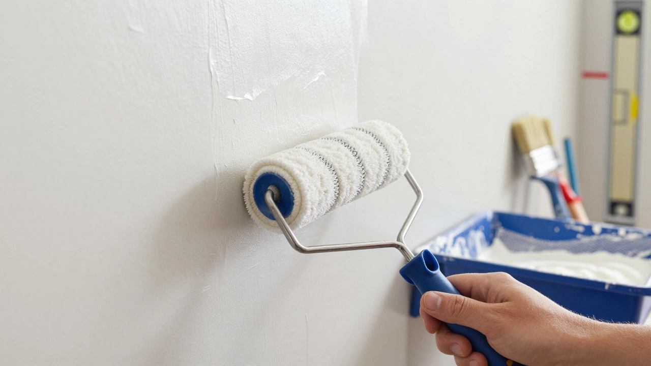 Рукой держат валик с микрофибровой насадкой, равномерно наносящий краску на гипсокартон.