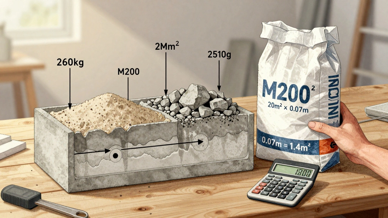 Схема состава бетона М200 с пропорциями цемента, песка и щебня на 1 м³.