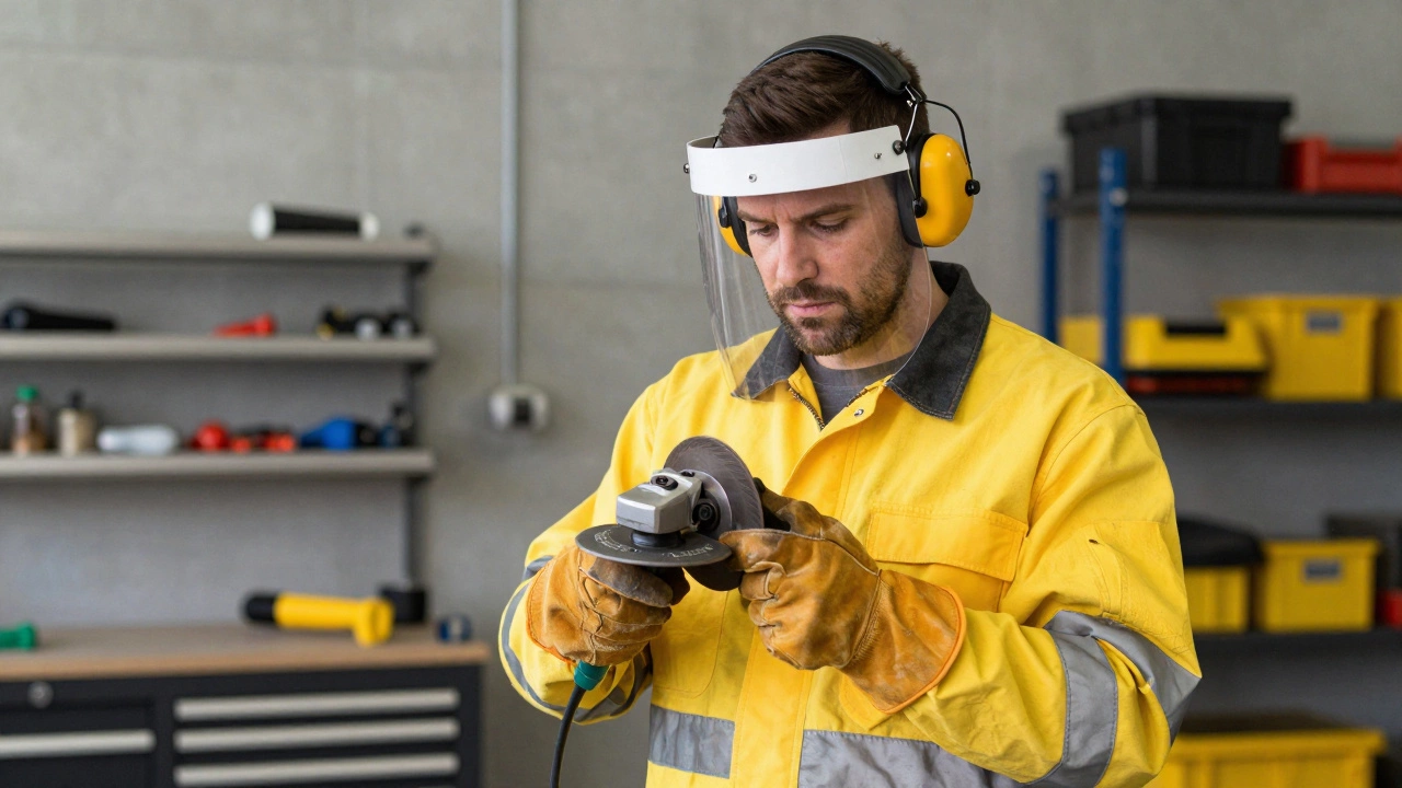 Строитель в защитной маске держит шлифовальную машину