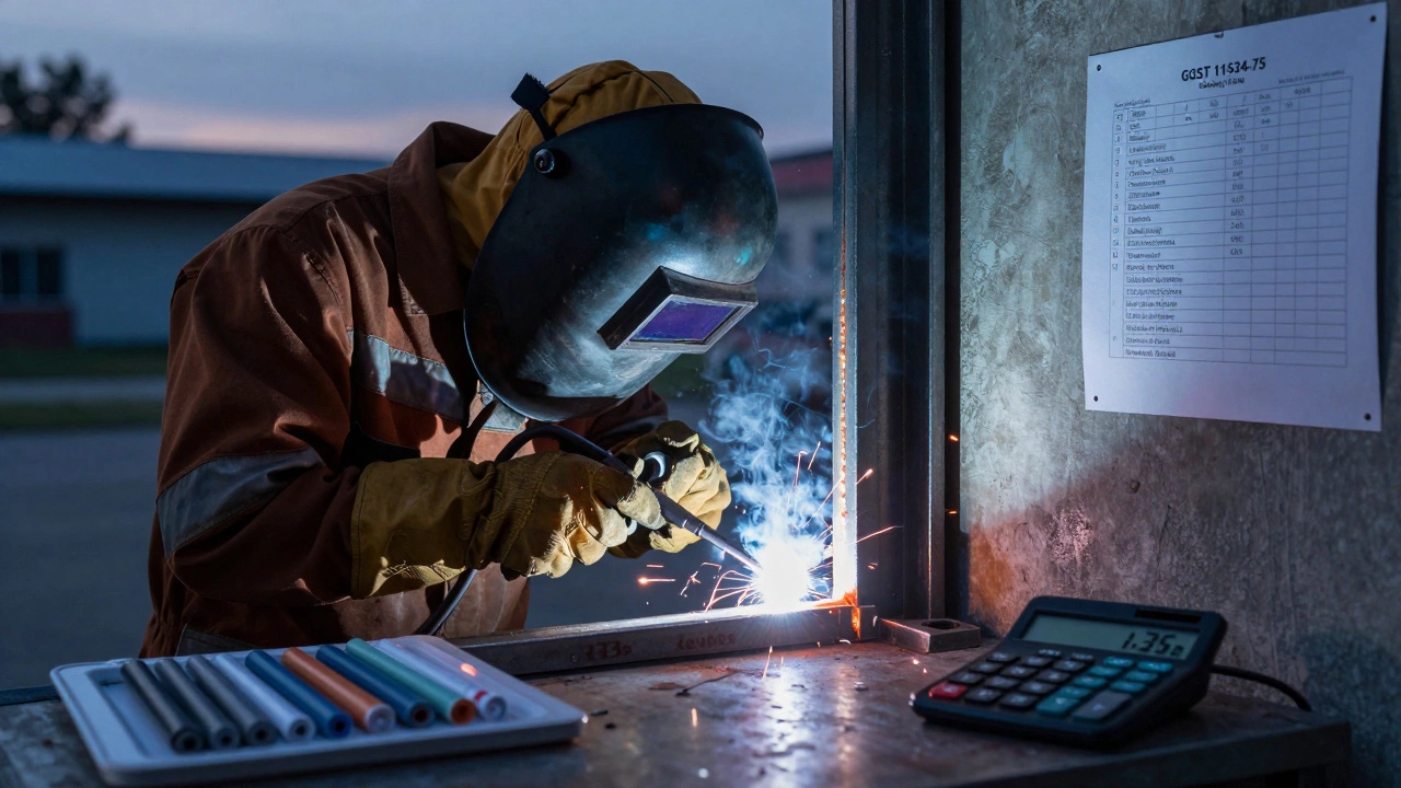 Сварка углового шва на металлическом заборе при закате с расчетом расхода электродов на столе.