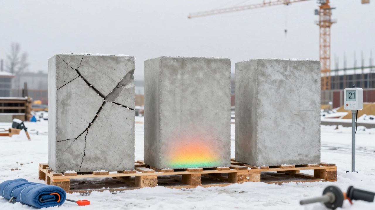 Три бетонных кубика: разрушенный, треснувший и целый — показывают разницу в сроках набора прочности.