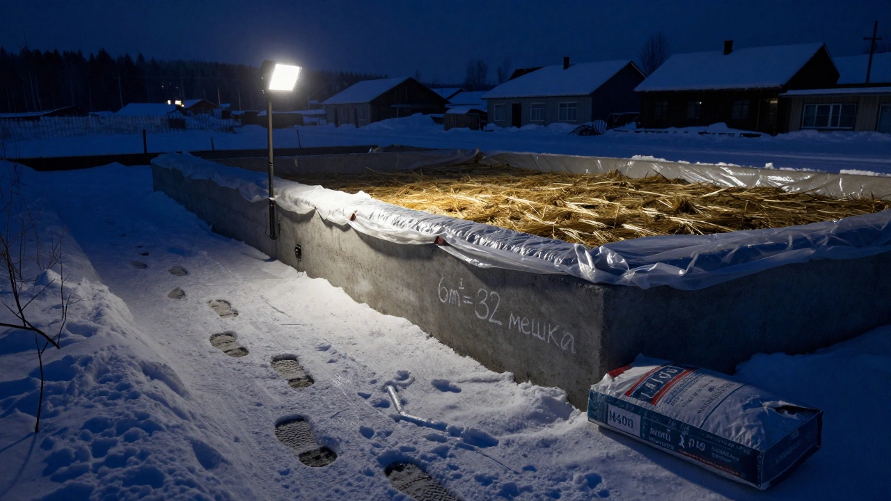Залитый фундамент под укрытием в зимних условиях с мешками цемента на фоне.