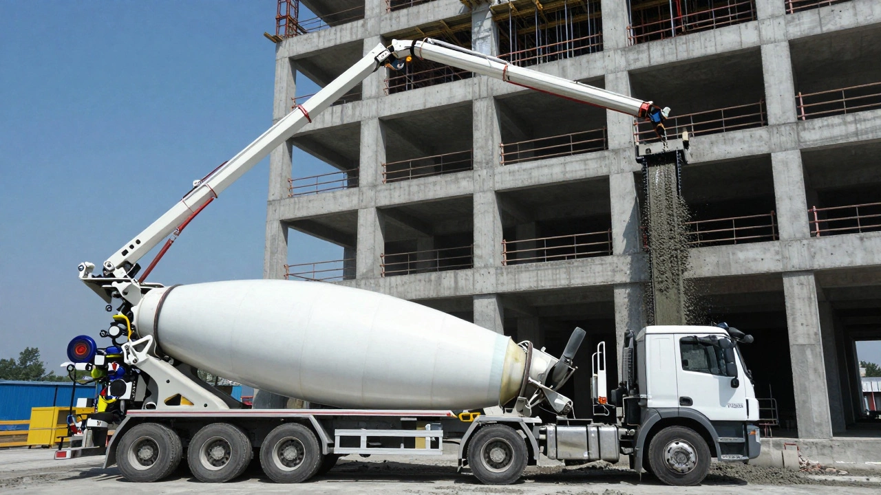 Автобетономешалка и автобетононасос с длинной стрелой заливают бетон в здание